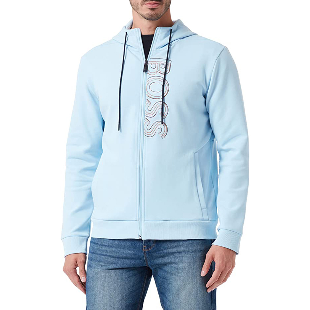 Shop Hugo Boss Logo Embroidered Zipper With Hat Casual Coat In Blue