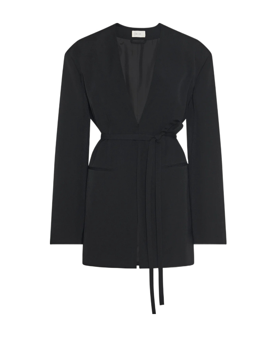 The Row Clio Belted Collarless Wool Serge Jacket In Black