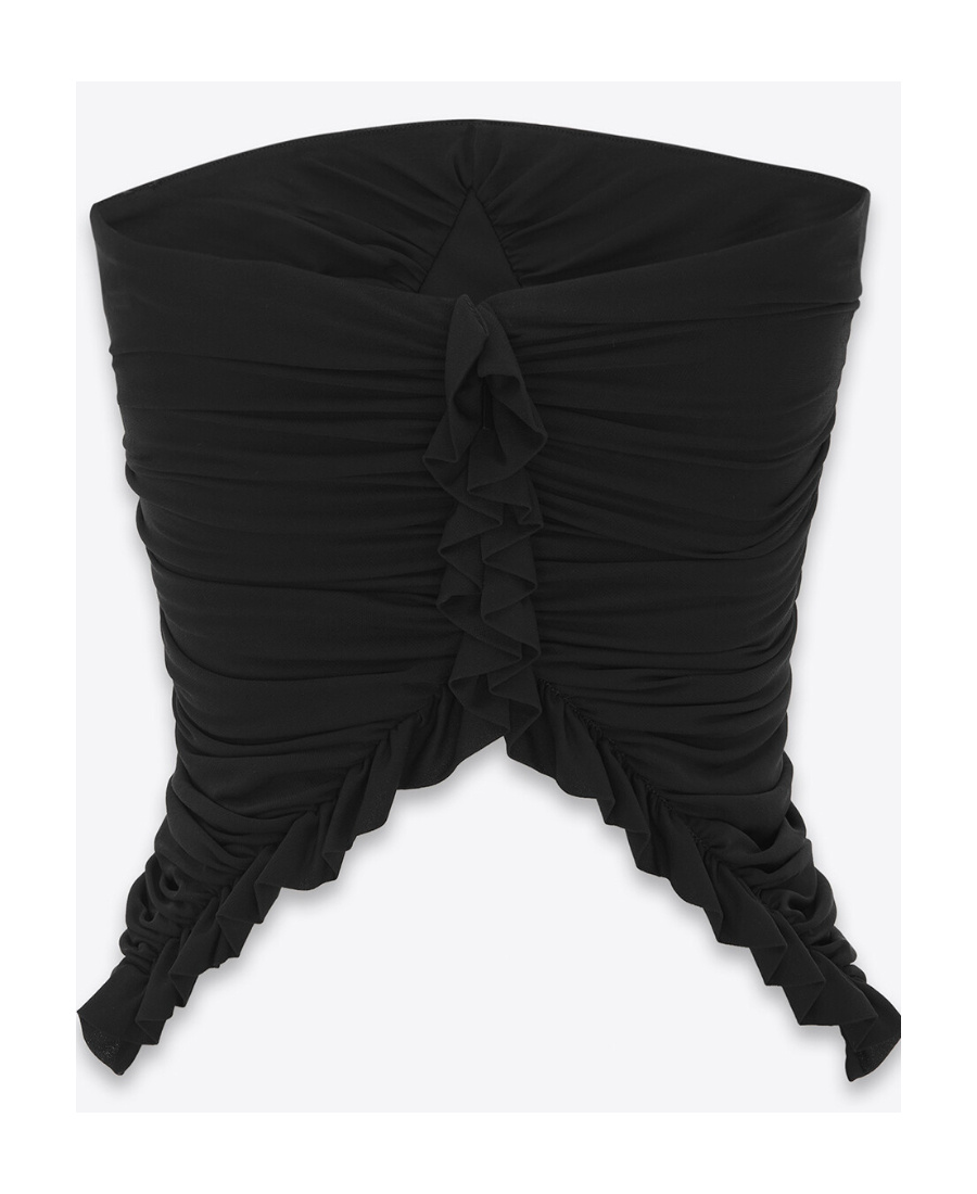 Saint Laurent Cupro Strapless Top With Ruched Asymmetric Hem In Black