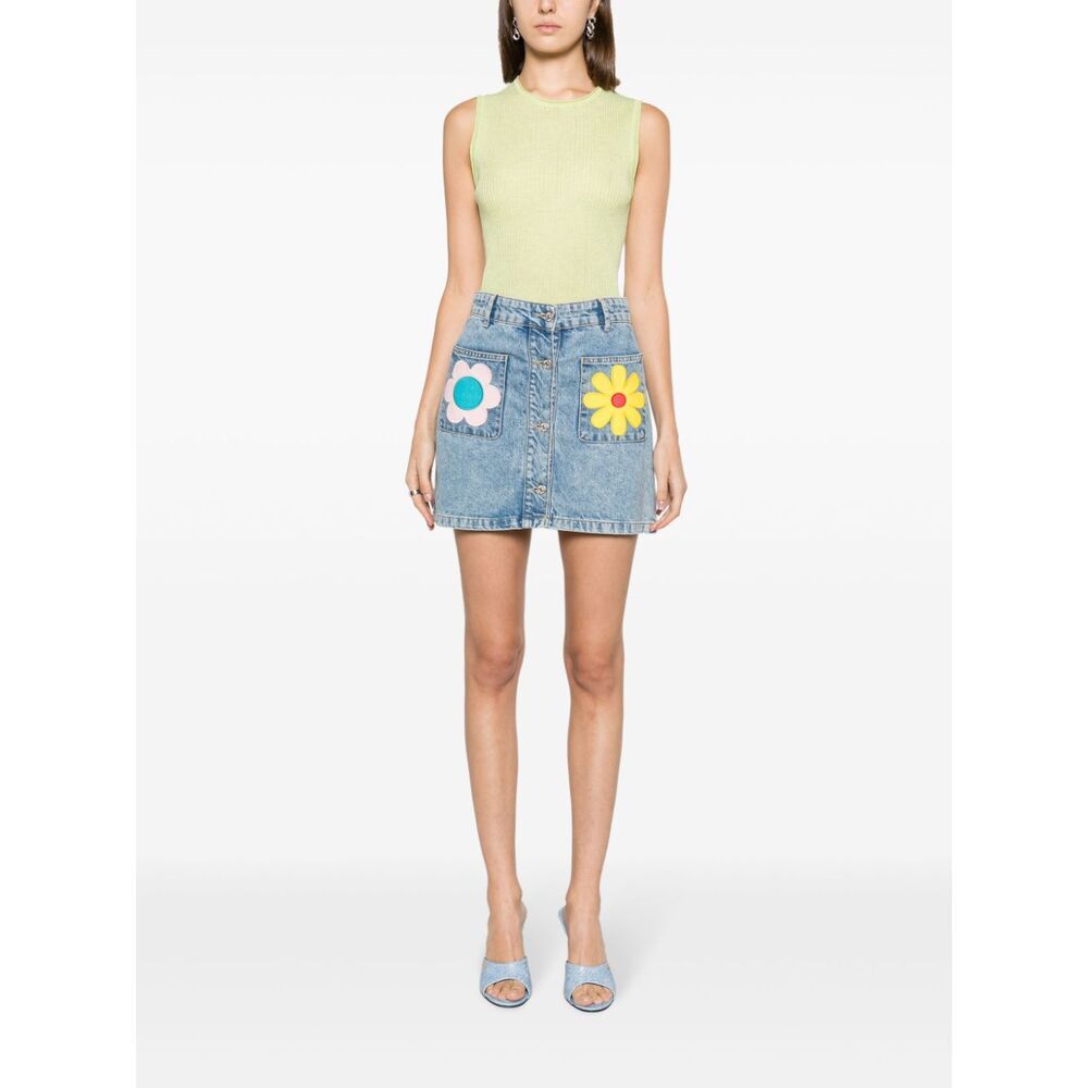 Shop Moschino Floral-patches Denim Miniskirt In Blue