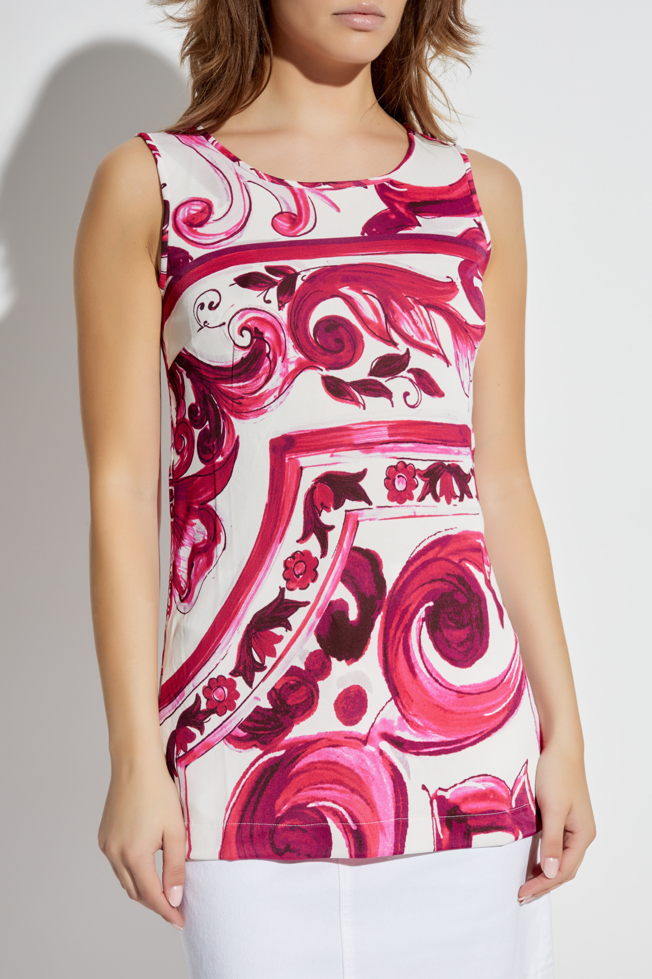 Dolce & Gabbana Majolica Print Sleeveless Silk Top In Pink