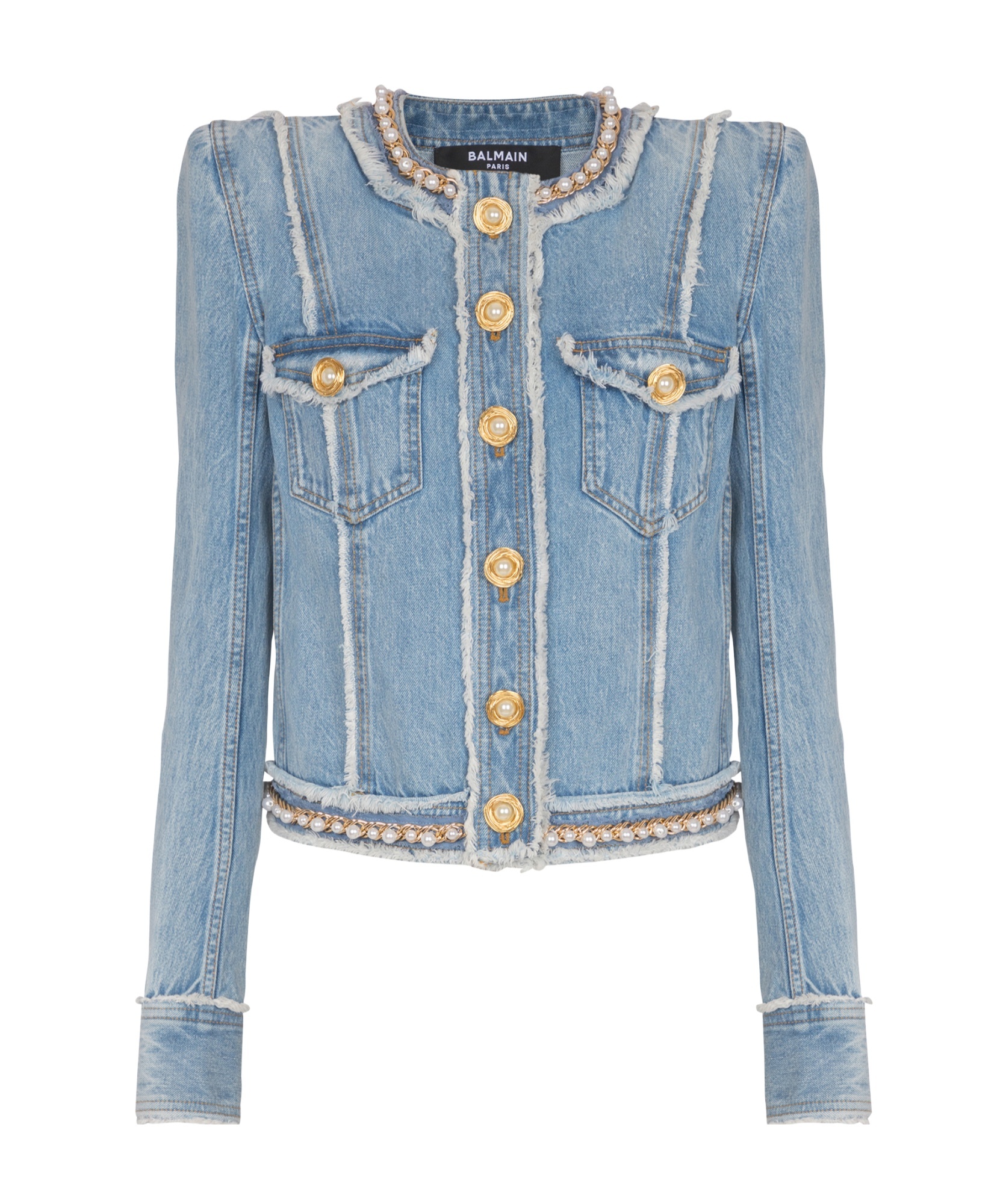 Balmain Faux Pearl-embellished Frayed Denim Jacket