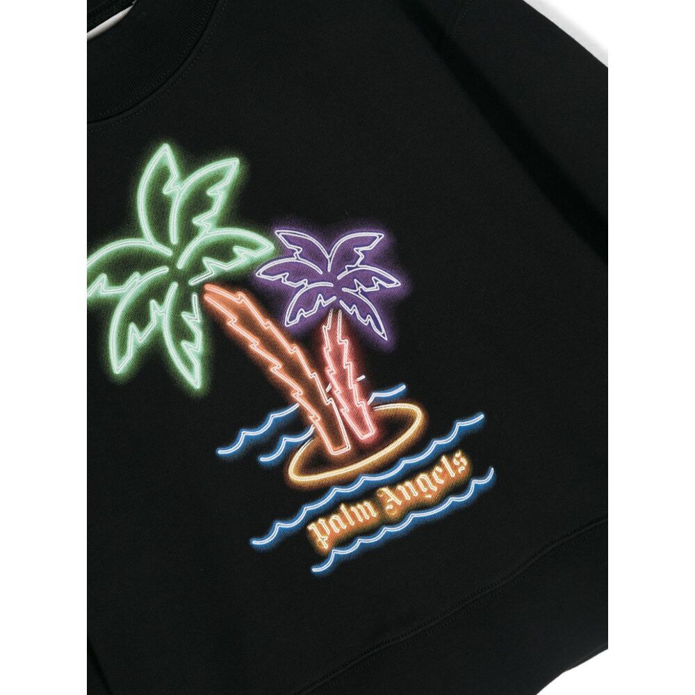 Palm Angels Kids Neon Palms Tree Printed Fleece Sweatshirt In Black