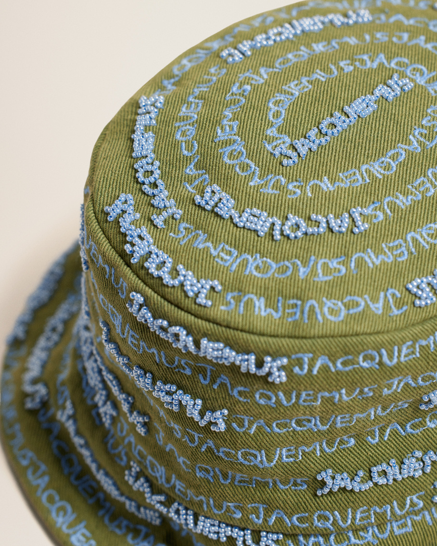 Jacquemus Khaki & Blue Le Raphia 'le Bob Bordado' Bucket Hat In Green