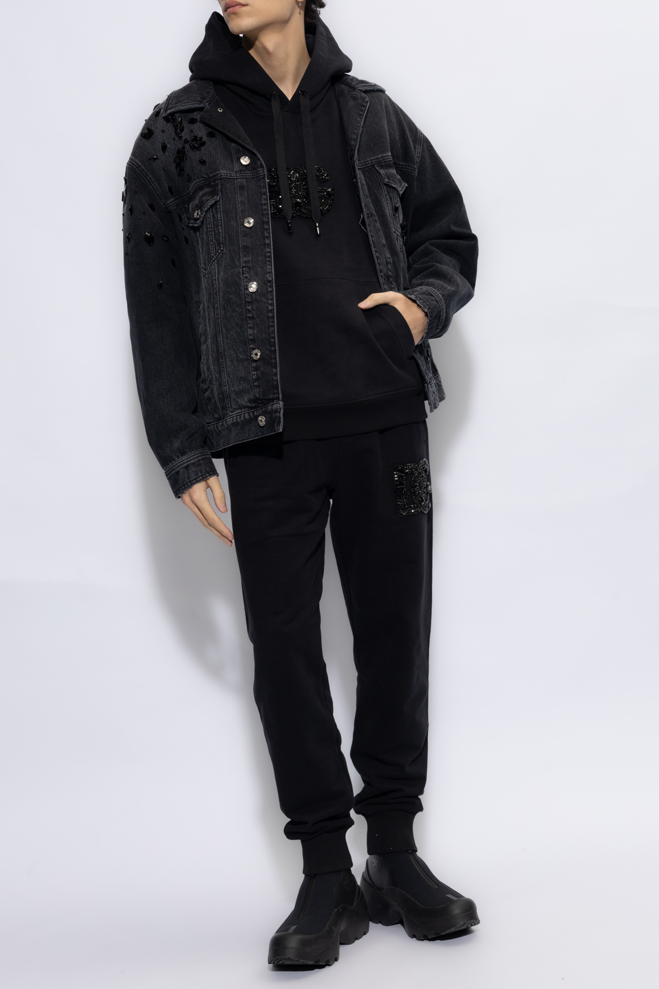 Dolce & Gabbana Crystal-embellished Cotton Track Pants In Black
