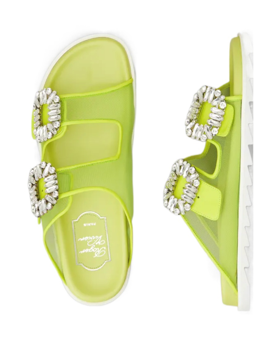 Roger Vivier Crystal-embellished Double-buckle Slides In Green