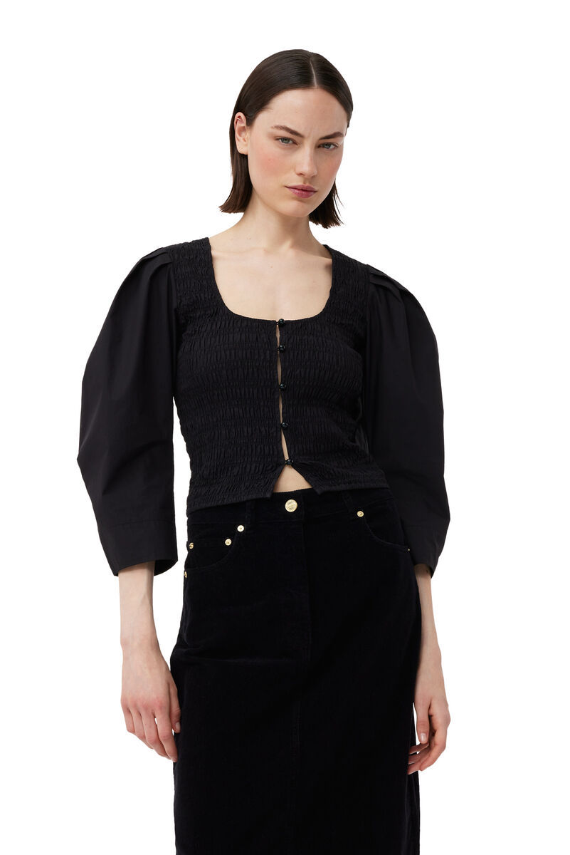 Ganni U-neck Cropped Organic-cotton Blouse In Black