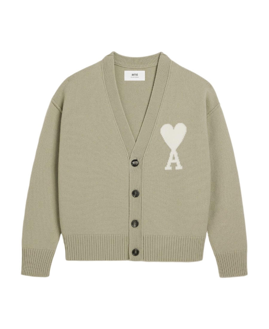 Ami Alexandre Mattiussi Ami Paris Ami De Coeur Wool Cardigan Sage Green In Green