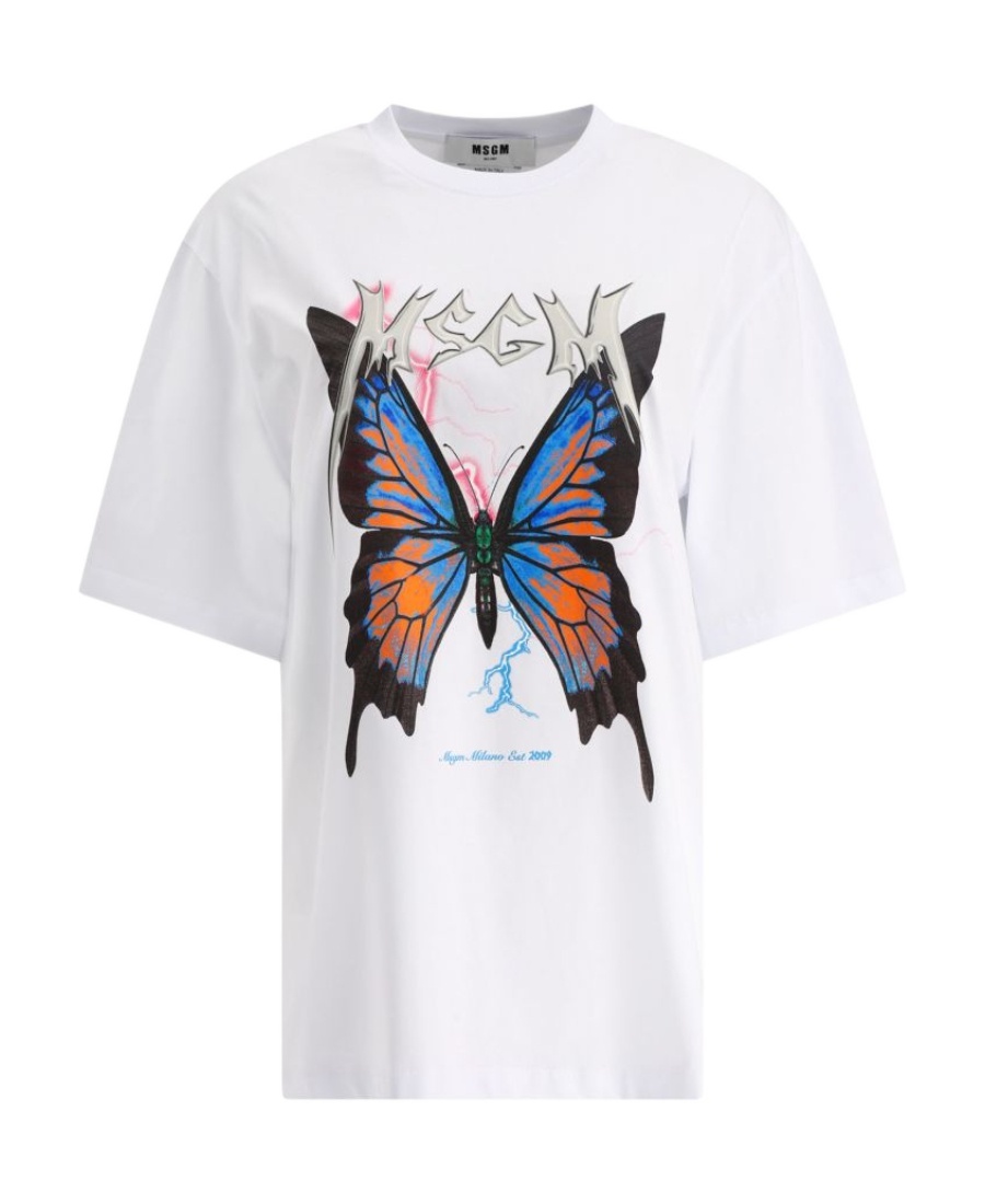 Msgm Butterfly-print Short-sleeve T-shirt In Black