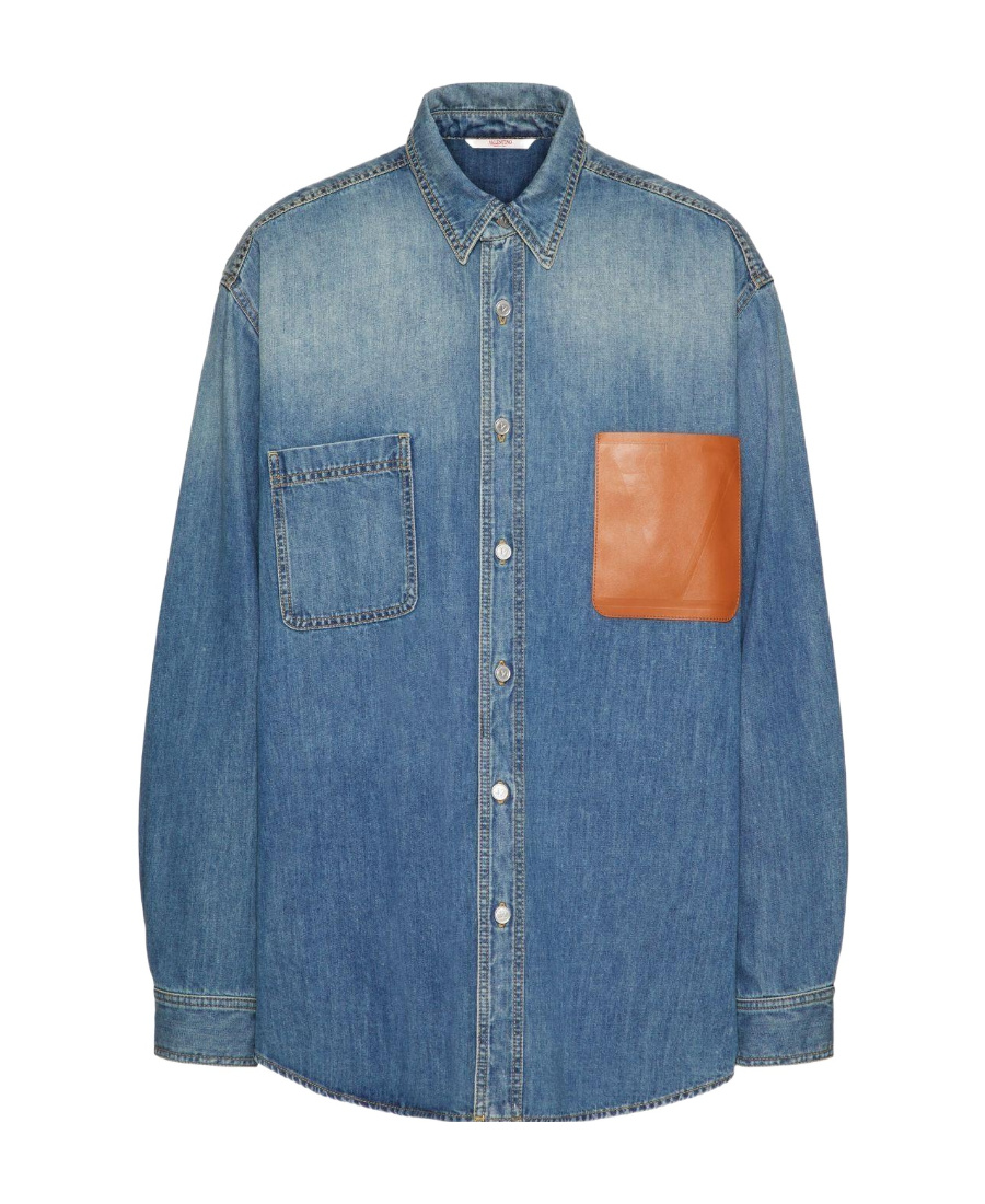 Valentino Leather-pocket Denim Shirt In Blue