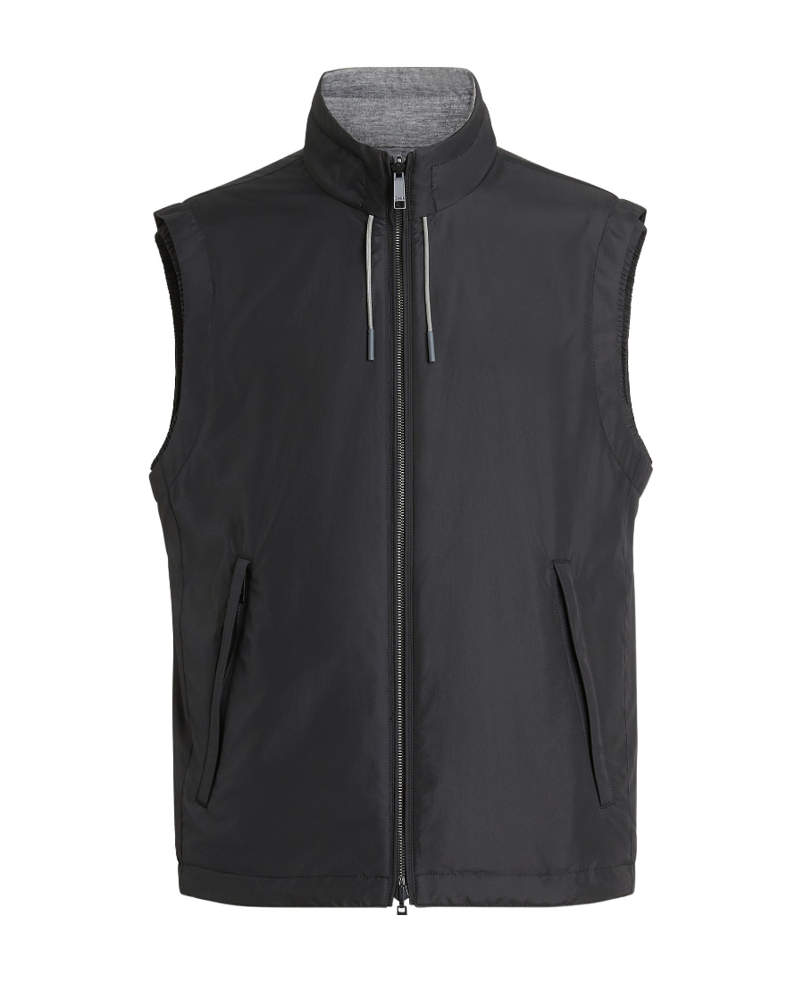 Zegna Reversible High Collar Sleeveless Jacket With Side Pockets In Black