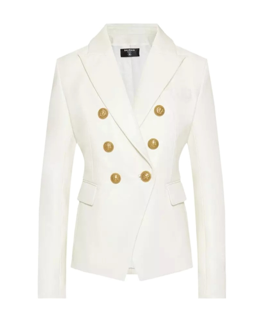 Balmain White Double-breasted Jacket With Peak Lapels And Logo Buttons In Fabric Women In White