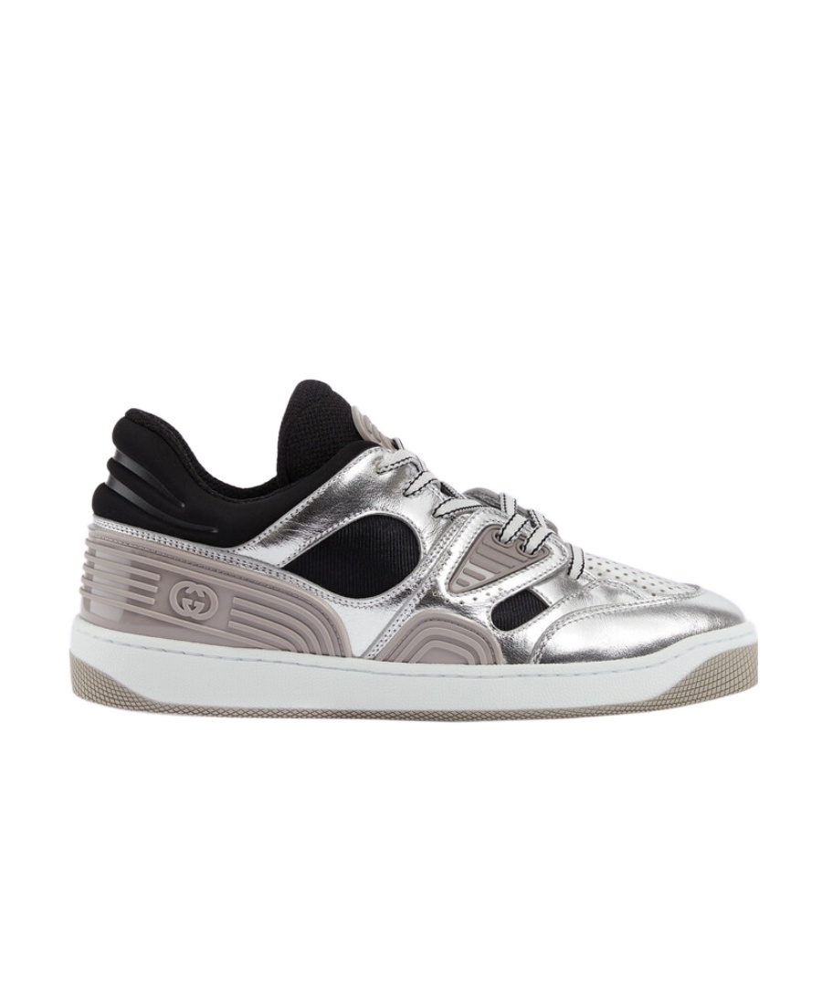 Gucci Elevate Your Style With This Silver And Black Metallic-leather Sneaker In Gray