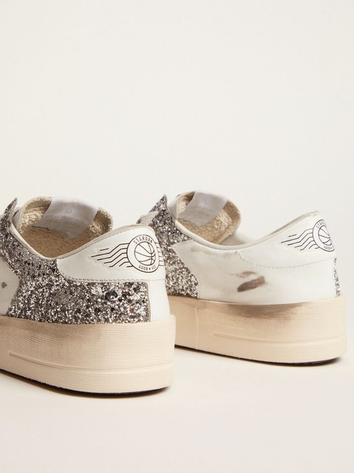 Shop Golden Goose Stardan Sneakers In White Leather And Silver Glitter In Nude