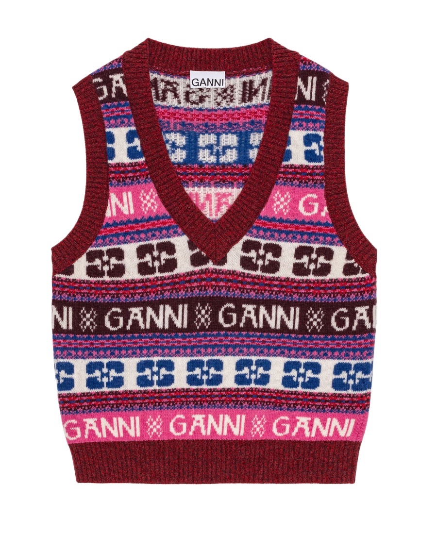 Ganni Logo Jacquard Wool-blend Sweater Vest In Red