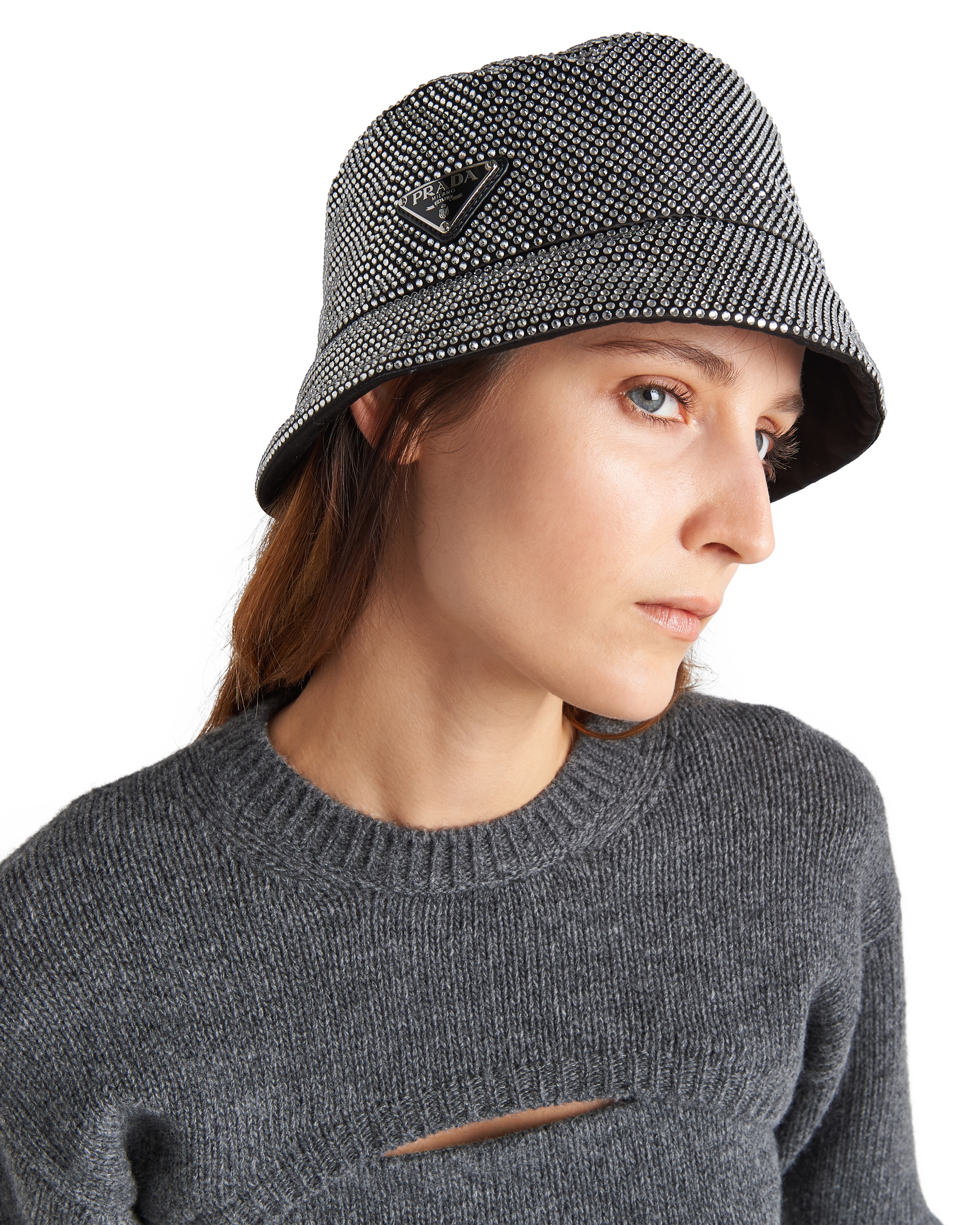 Prada Crystal-embellished Satin Bucket Hat In Black