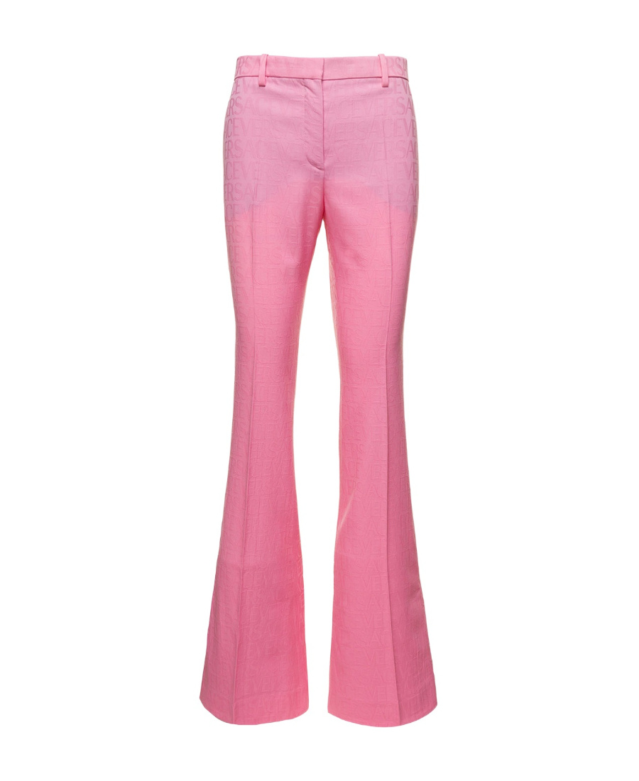 Versace Pink Flare Pants With Tonal Logo Lettering In Wool Woman In Pink