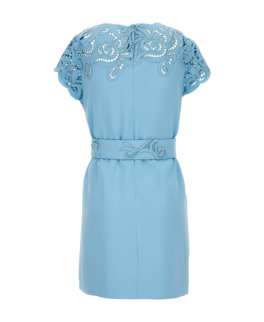 Ermanno Scervino Lace Dress With Belted Waist And Cap Sleeves In Blue