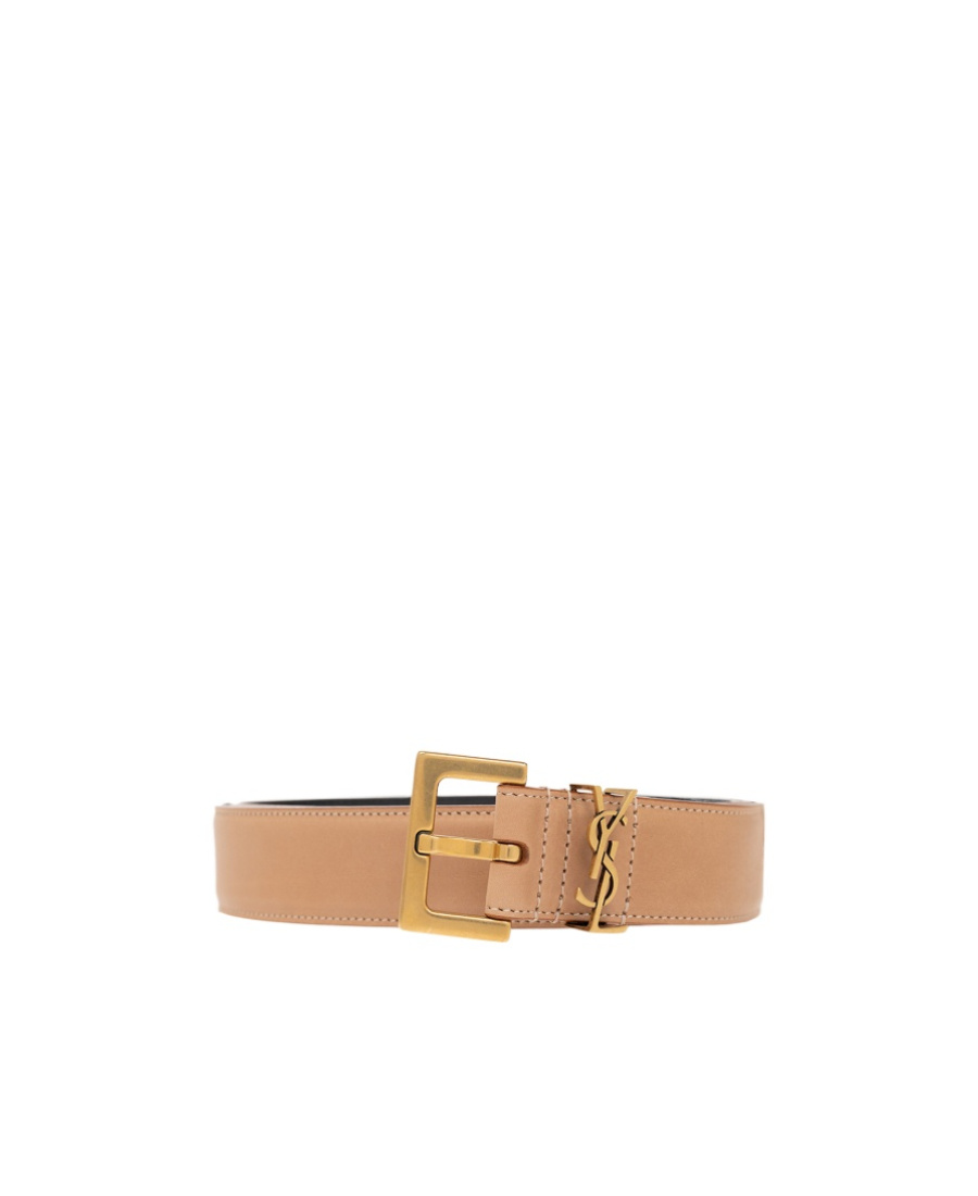 Saint Laurent Logo-plaque Leather Belt In Nude