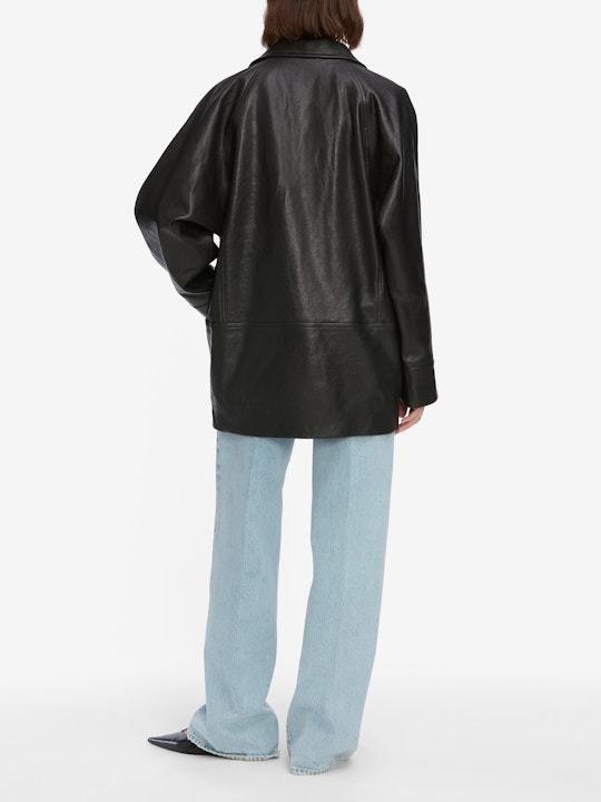 Frame Double-breasted Leather Jacket In Black