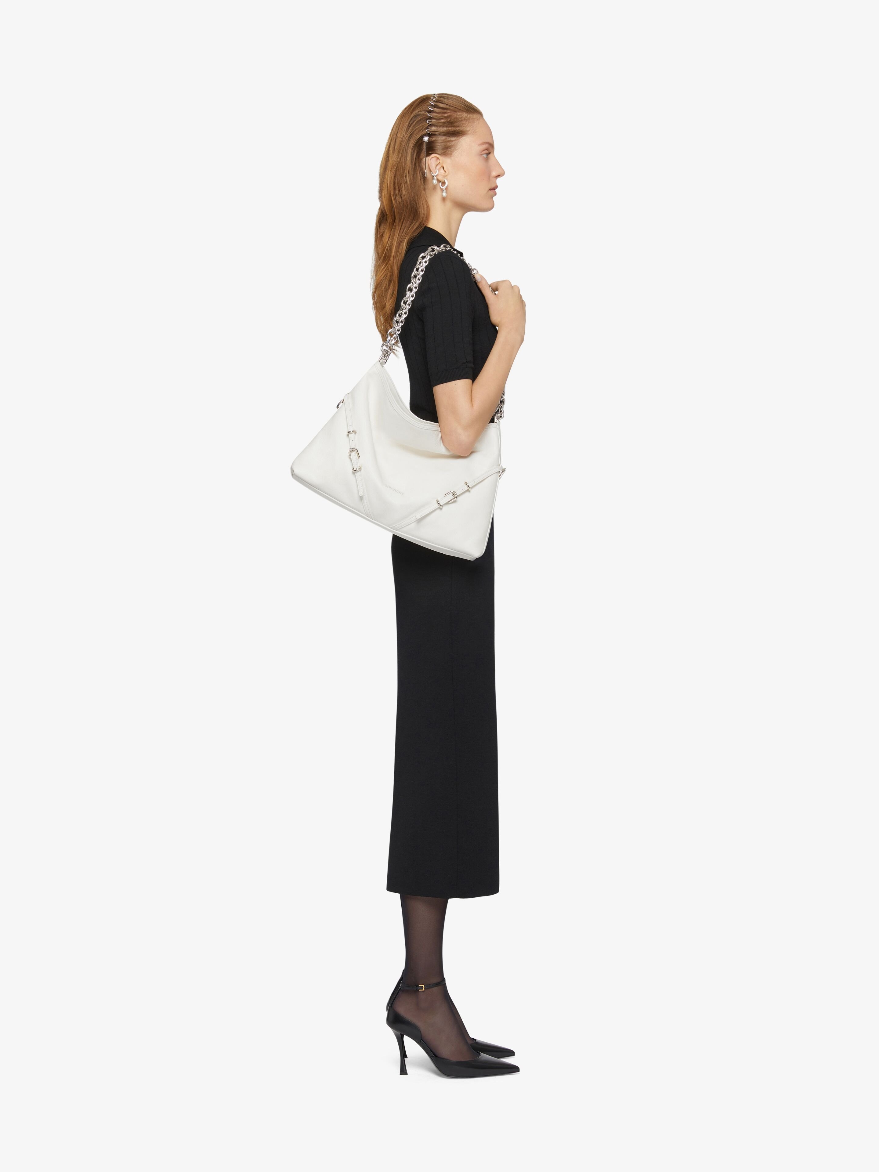 Givenchy Voyou Medium Shoulder Bag In Tumbled Leather In White