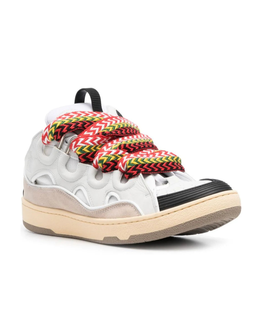 Lanvin White Sneakers With Textured Surfaces And Patterned Laces In White