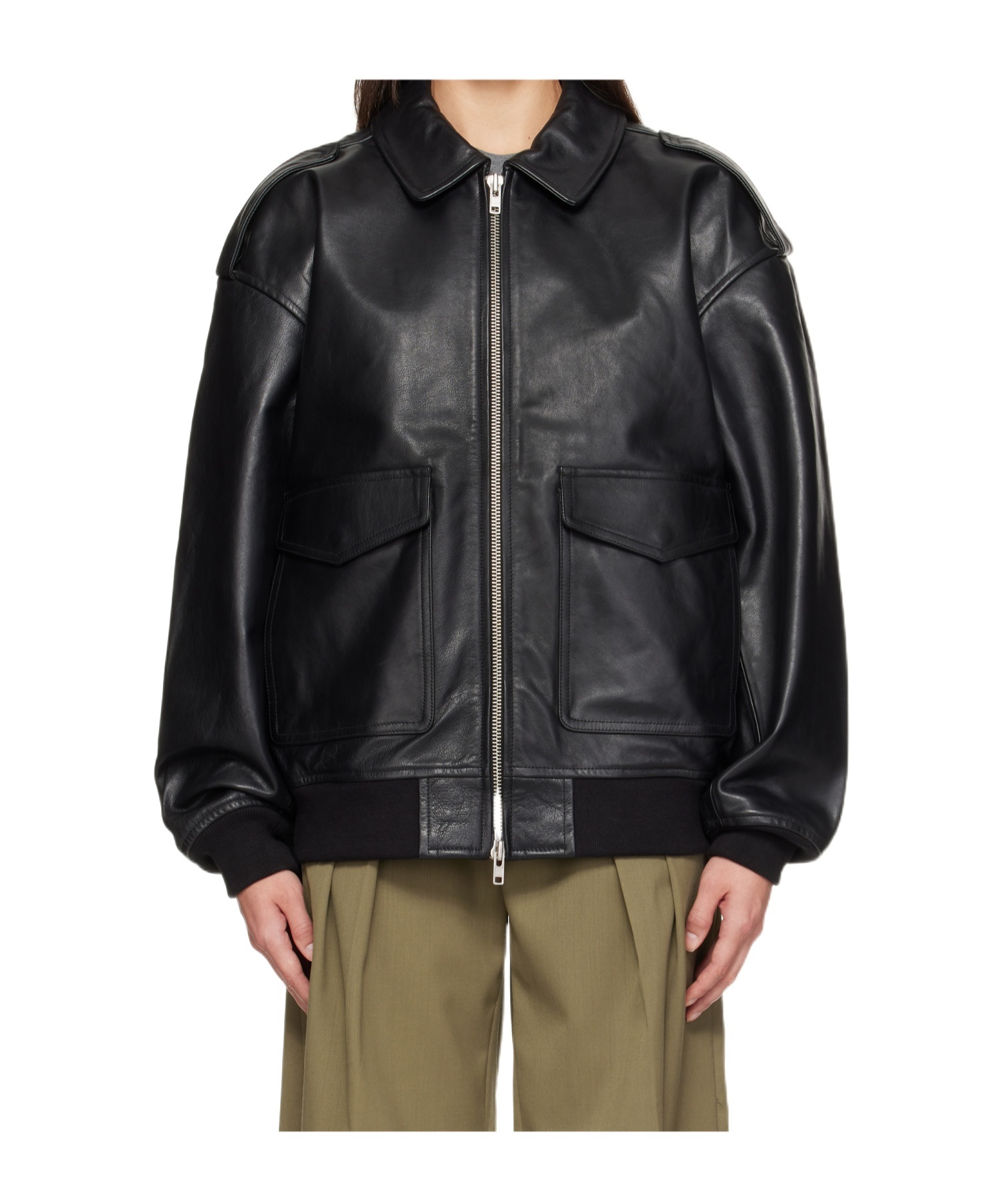 The Frankie Shop Classic-collar Pocketed Leather Jacket In Black