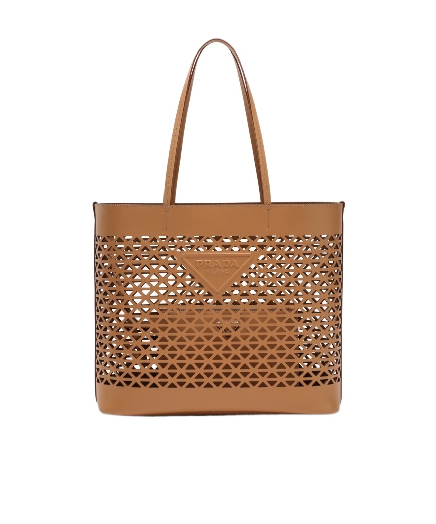 Prada Large Brown Perforated Leather Shopping Bag In Nude
