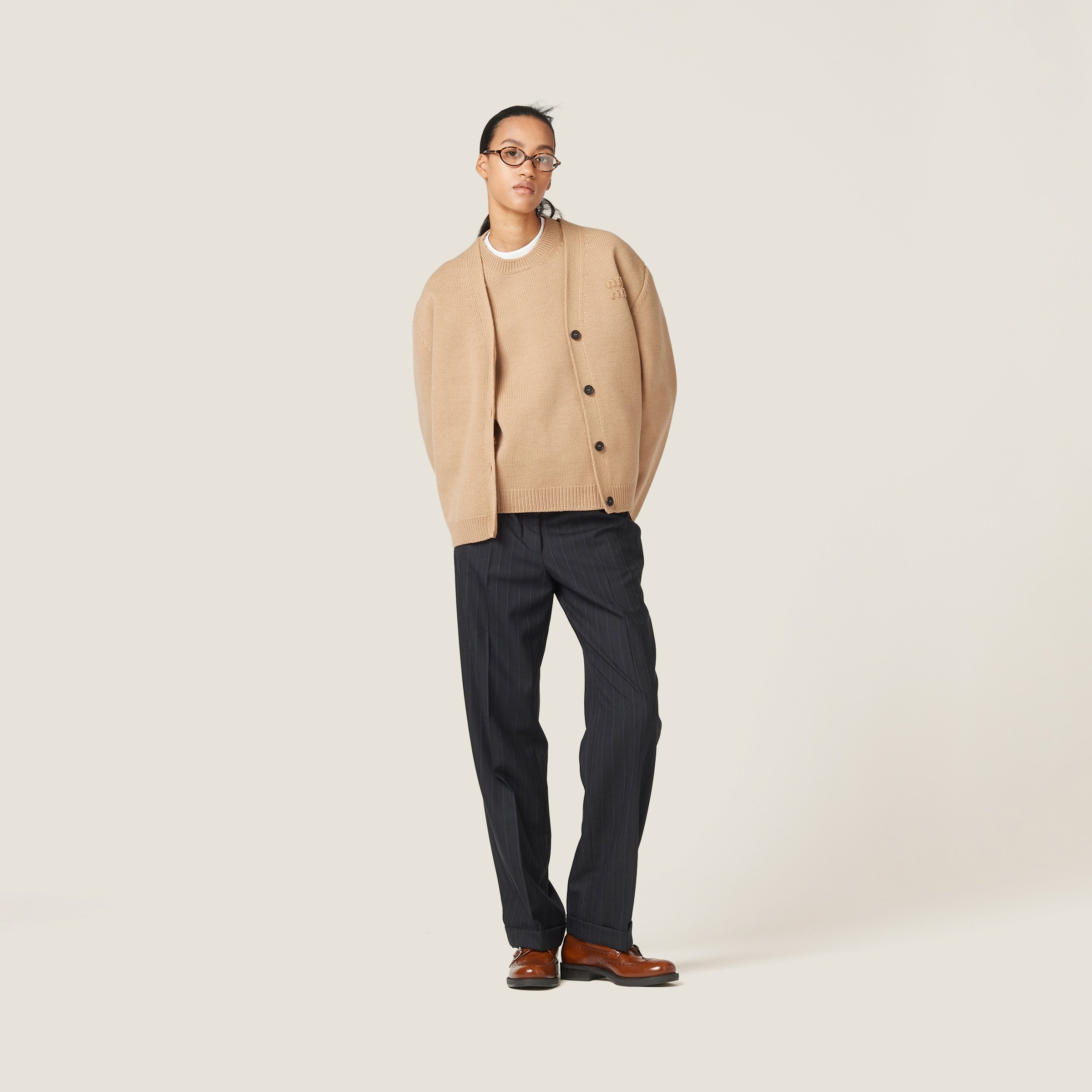 Miu Miu Logo-embroidered Wool Blend Cardigan In Nude