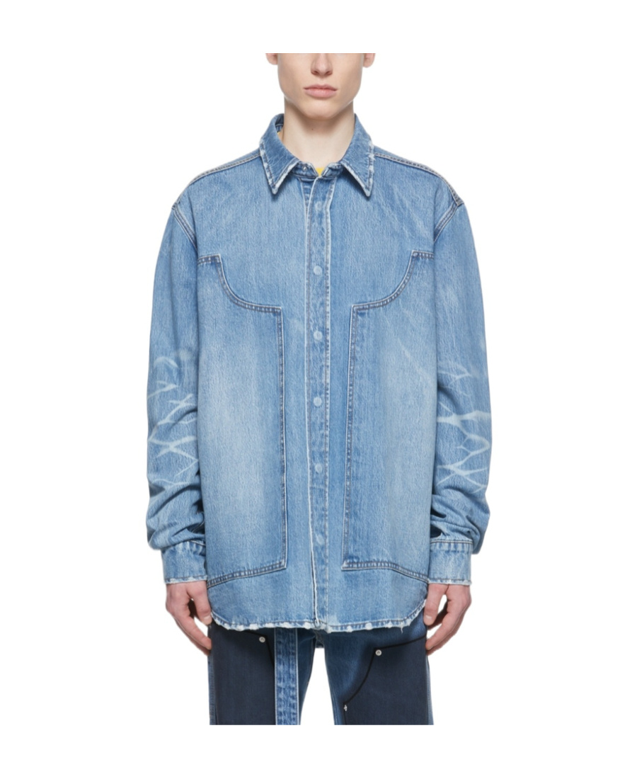 We11 Done Lapel Spliced Denim Shirt In Blue