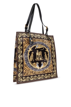Versace Animal Print Tote Bag With Baroque Border In Black