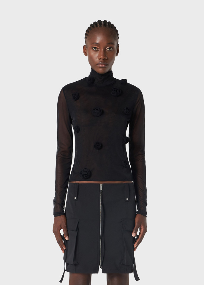 Shop Blumarine Floral-appliqué Long-sleeve Mesh Top In Black