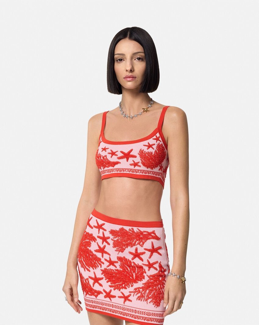 Versace Tresor De La Mer Towel-stitch Jacquard Knit Crop Top In Red