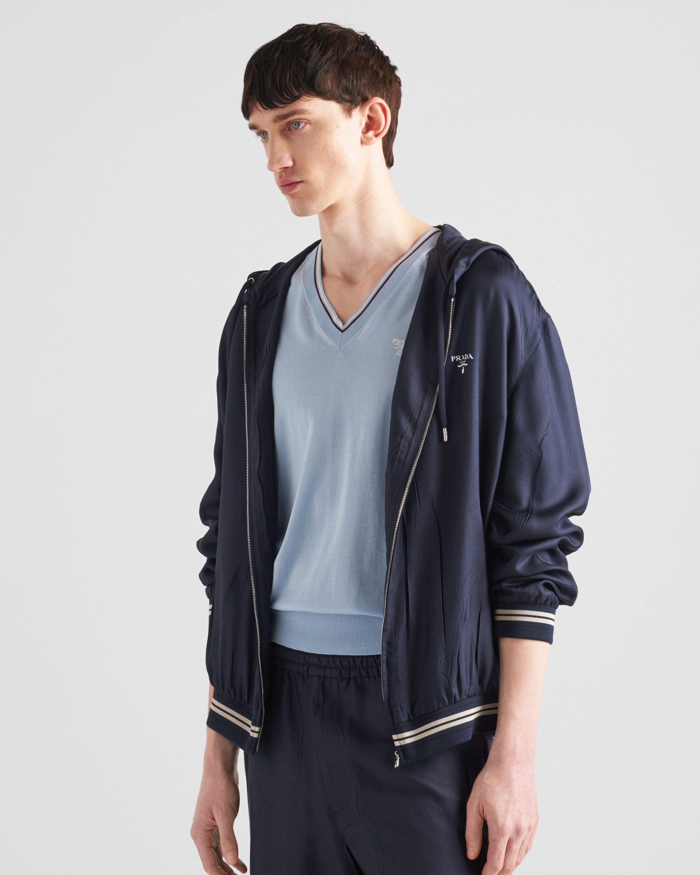 Prada Logo-print Silk Hooded Jacket In Blue