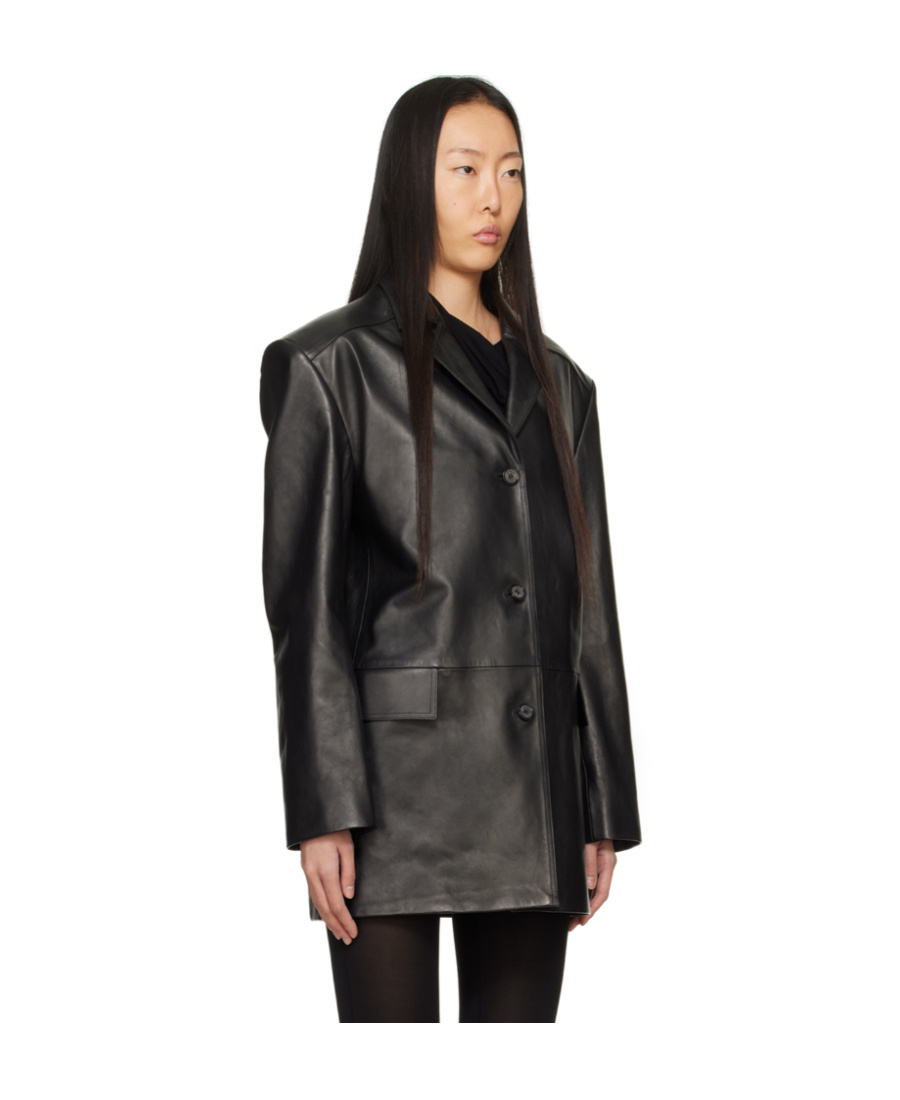 Magda Butrym Leather Blazer With Waist Belt And Notched Lapels In Black