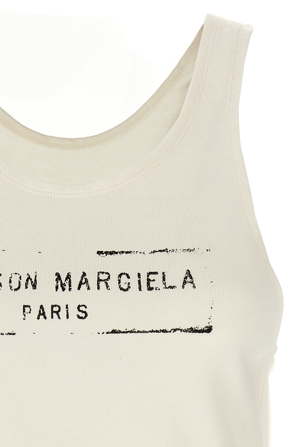 Maison Margiela Beige Top With Wide Neckline And Logo Printed On The Front In Viscose And Cotton Blend Woman In White