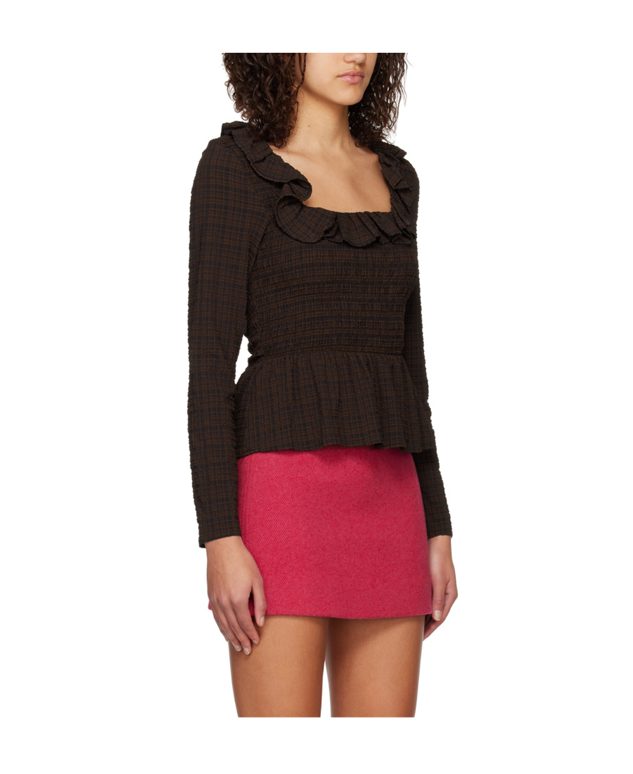 Shop Ganni Plaid Square Collar Blouse In Black