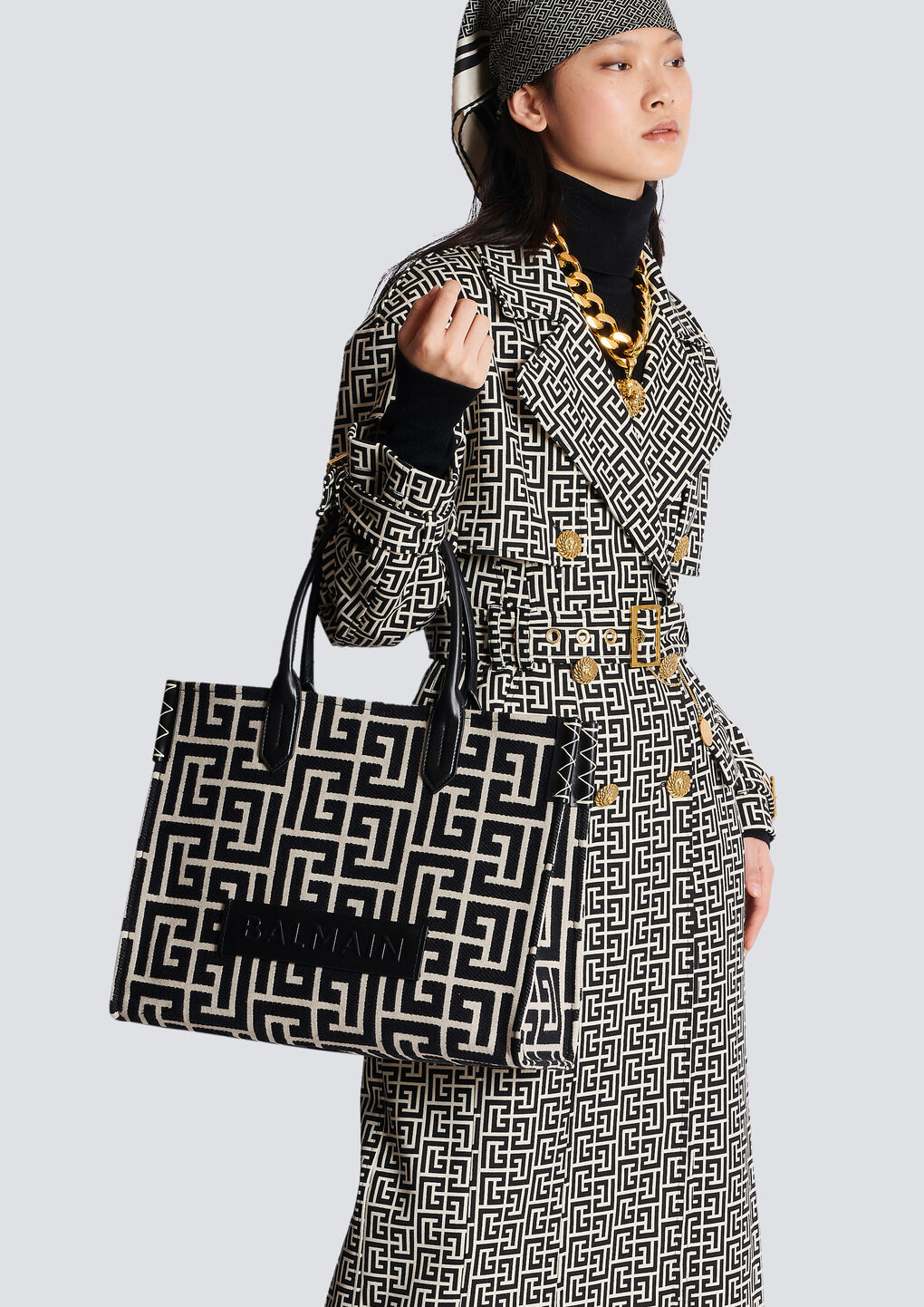 Balmain B-army 42 Monogrammed Jacquard And Leather Tote Bag In Black