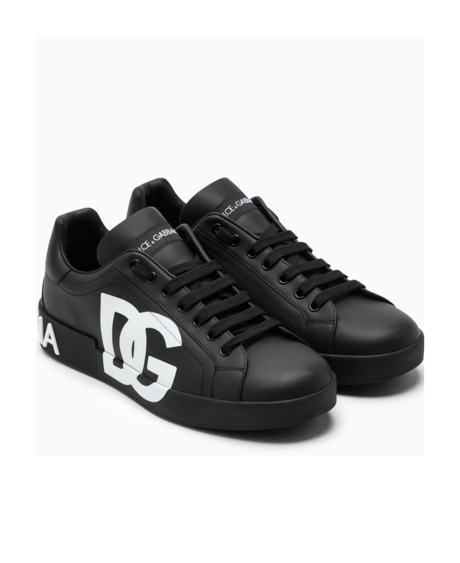 Dolce & Gabbana Portofino Sneakers In Black Calf Leather With White Logo In Black