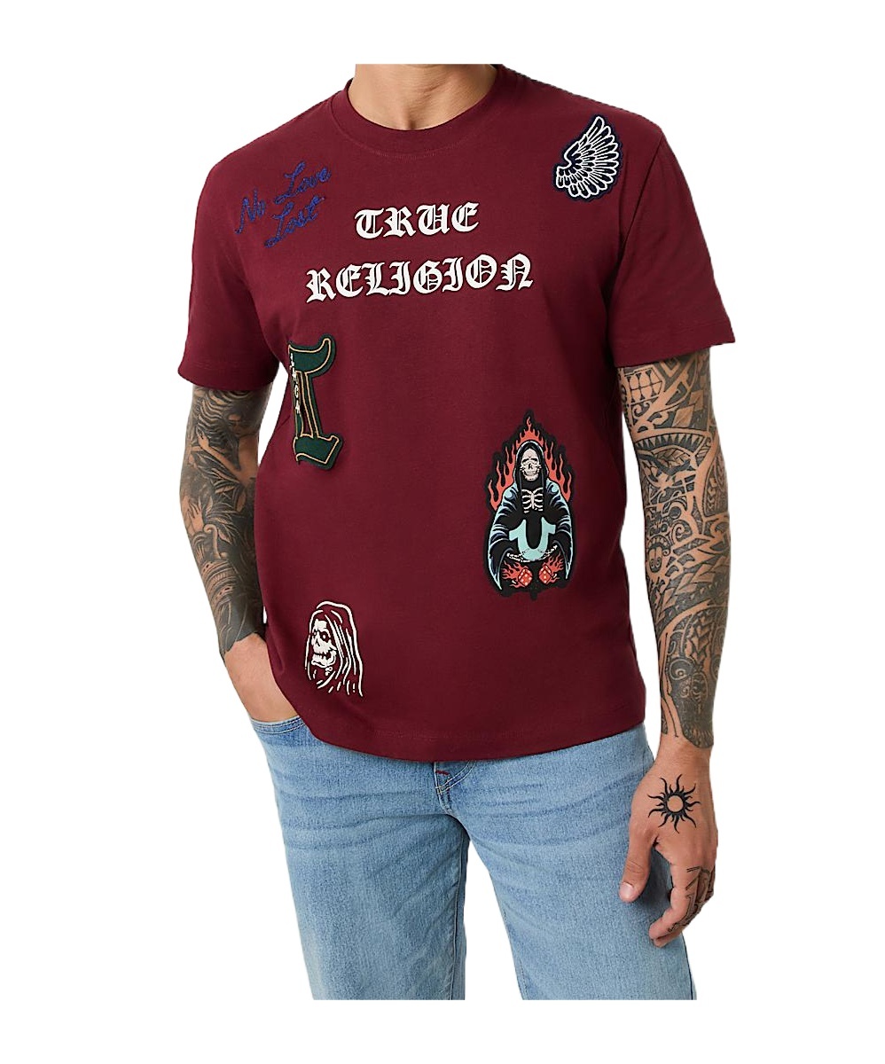True Religion Short Sleeve Patch Embro Tee In Brown