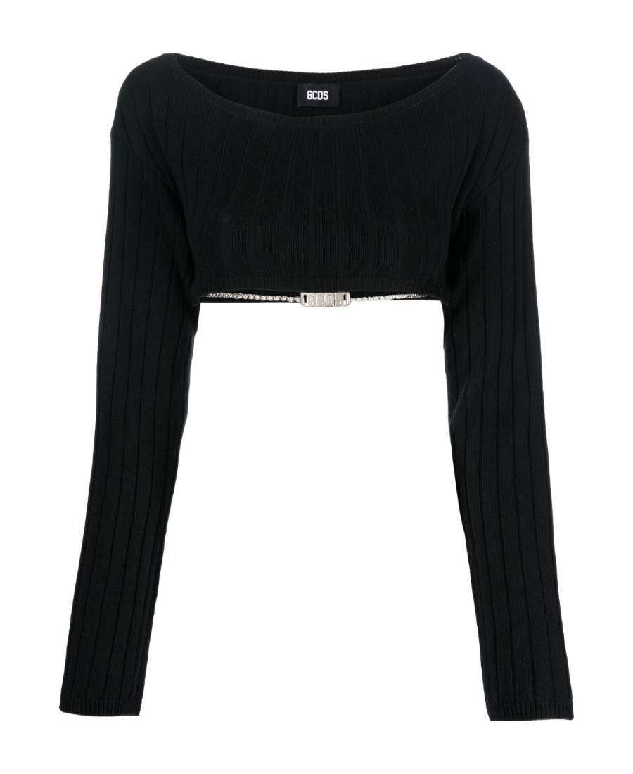 Gcds Bling Off-the-shoulder Crop Sweater In Black