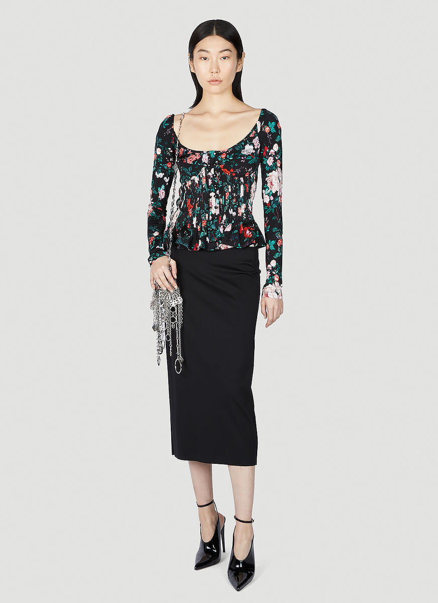 Rabanne Floral Print Viscose Top With Pleated Design In Black