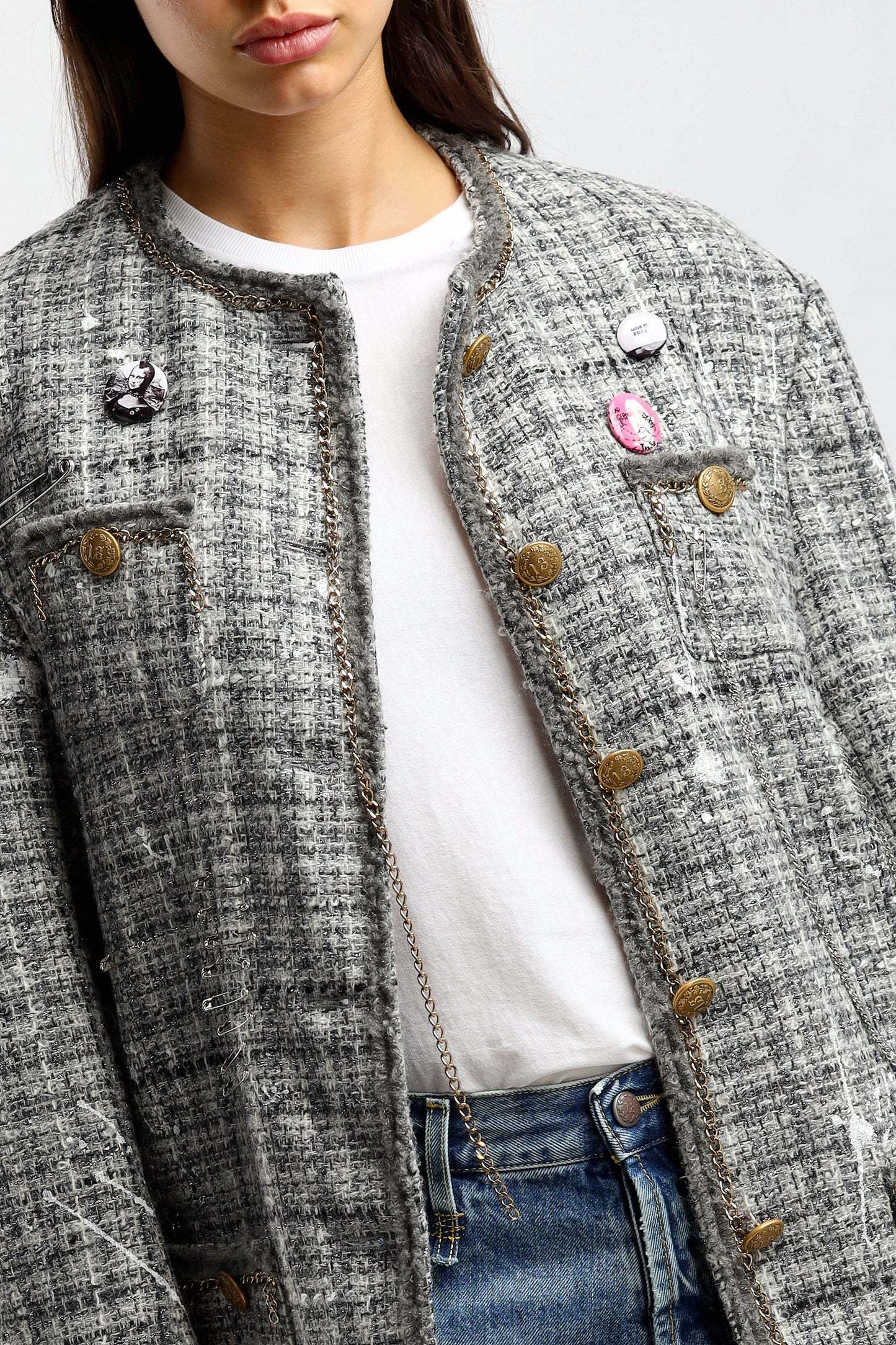 R13 Paint-splatter Buttoned Tweed Jacket In Gray