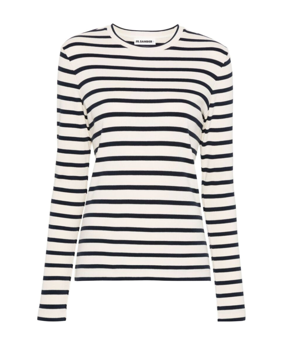 Jil Sander Fine Ribbed Off-white And Black Crew Neck Sweater In White