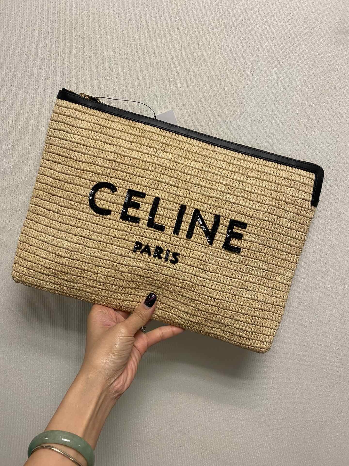 Celine Large Pouch In Raffia And Natural Calfskin