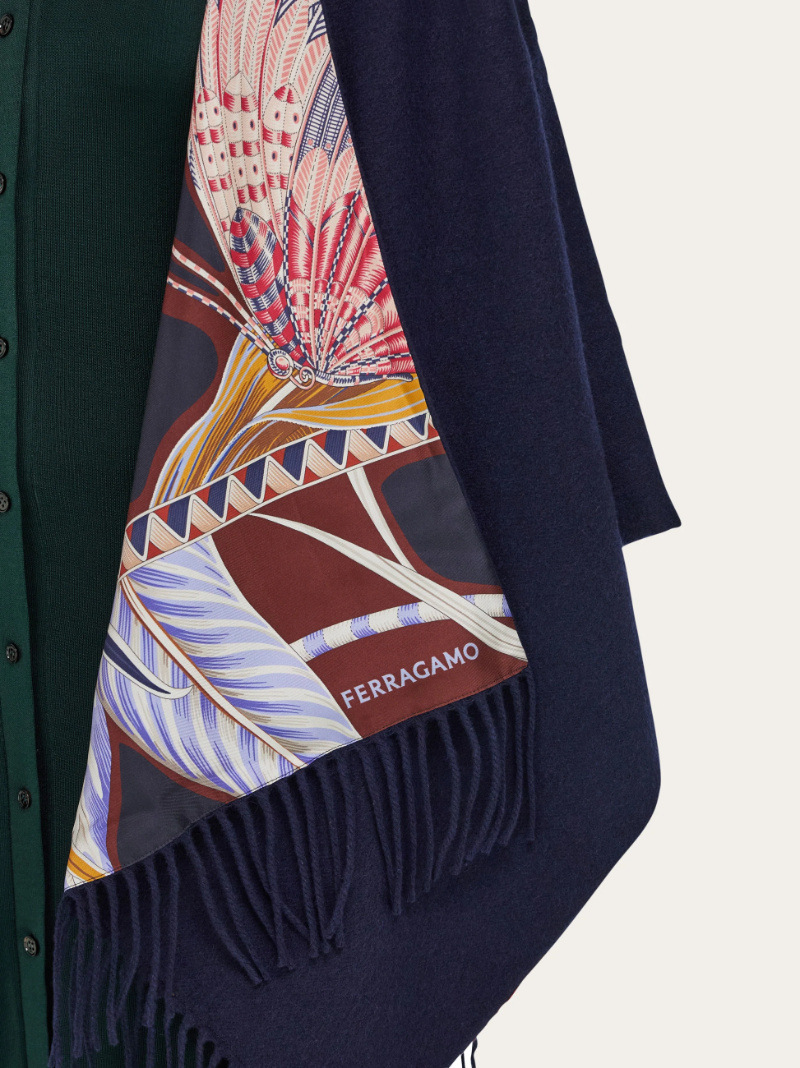 Ferragamo Cashmere And Silk Reversible Cape In Blue
