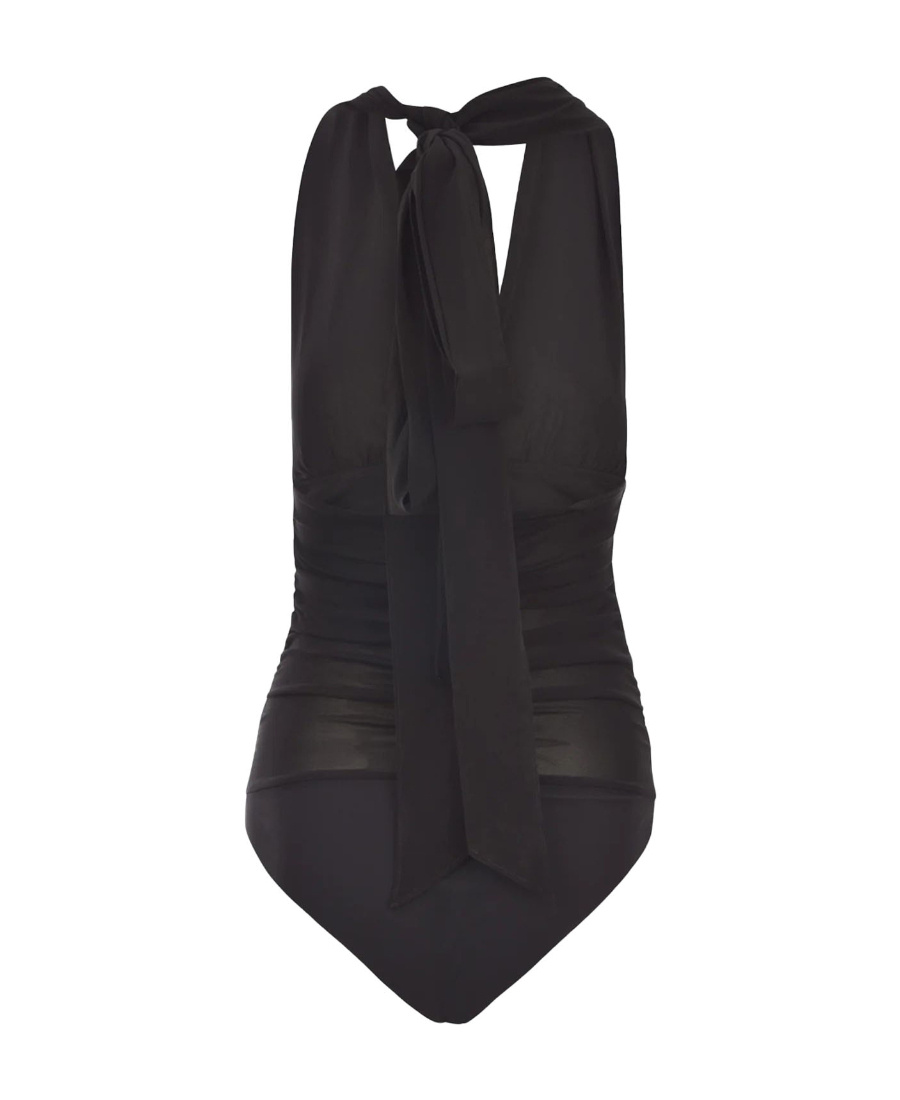 Pinko Halterneck Ruched Sheer Fabric Tops In Black