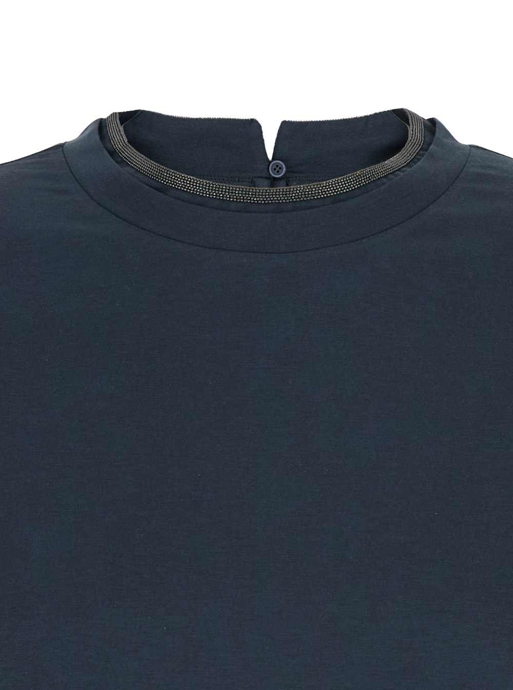 Brunello Cucinelli Blue Crewneck T-shirt With Monil Detail On The Collar And Rear Cut-out In Cotton Stretch Woman In Blue