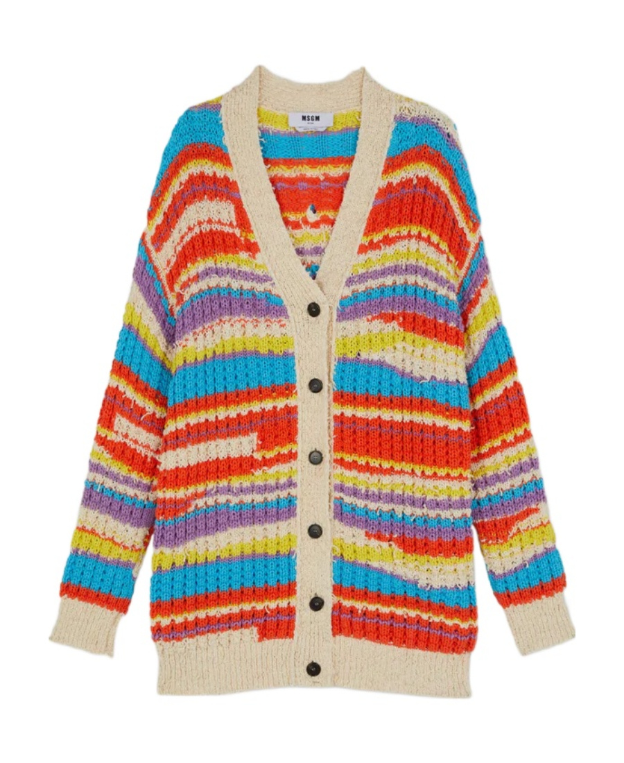 Msgm Striped Chunky Knit Cardigan In Multicolor