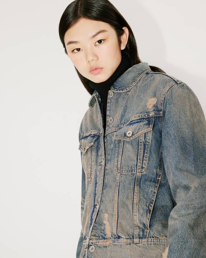 Kenzo Denim Ripped Jacket With Peter Pan Collar In Blue